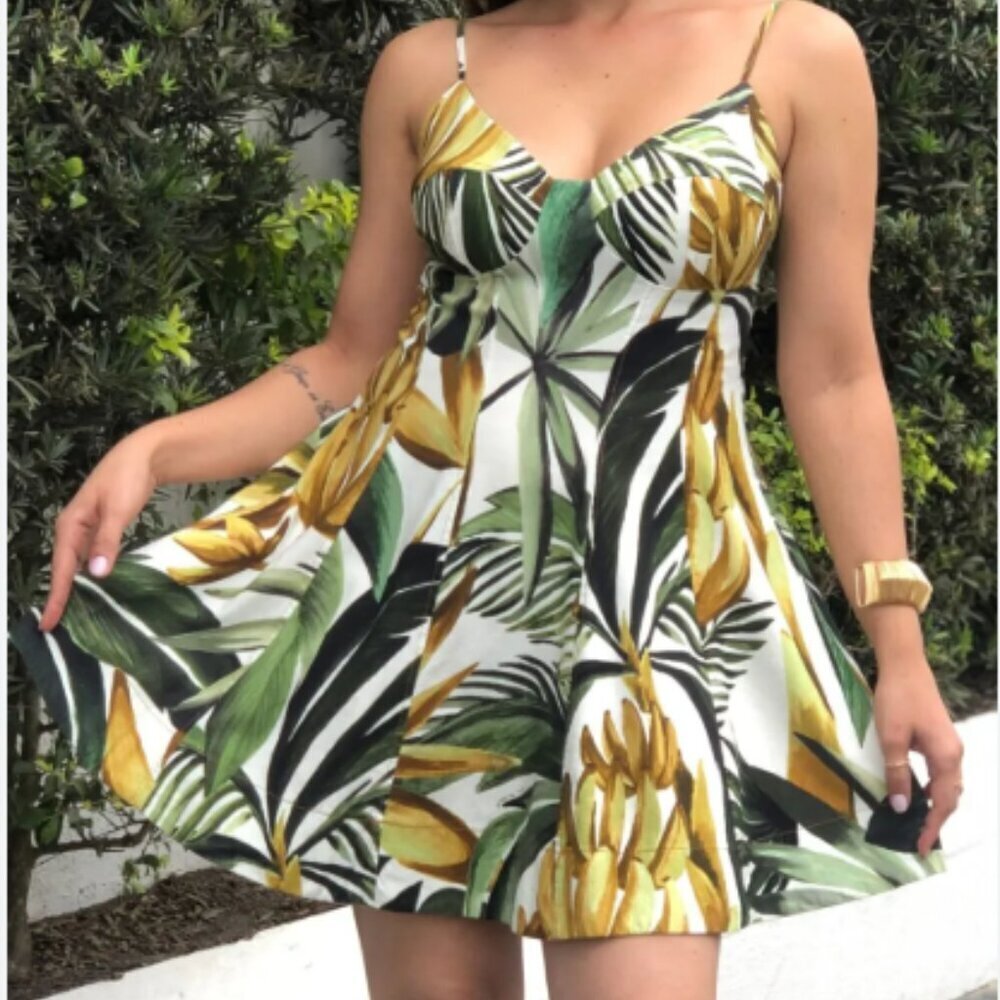 FARM Rio Bananarte Off-White Tropical Leaf Print Mini Dress Size X-Large